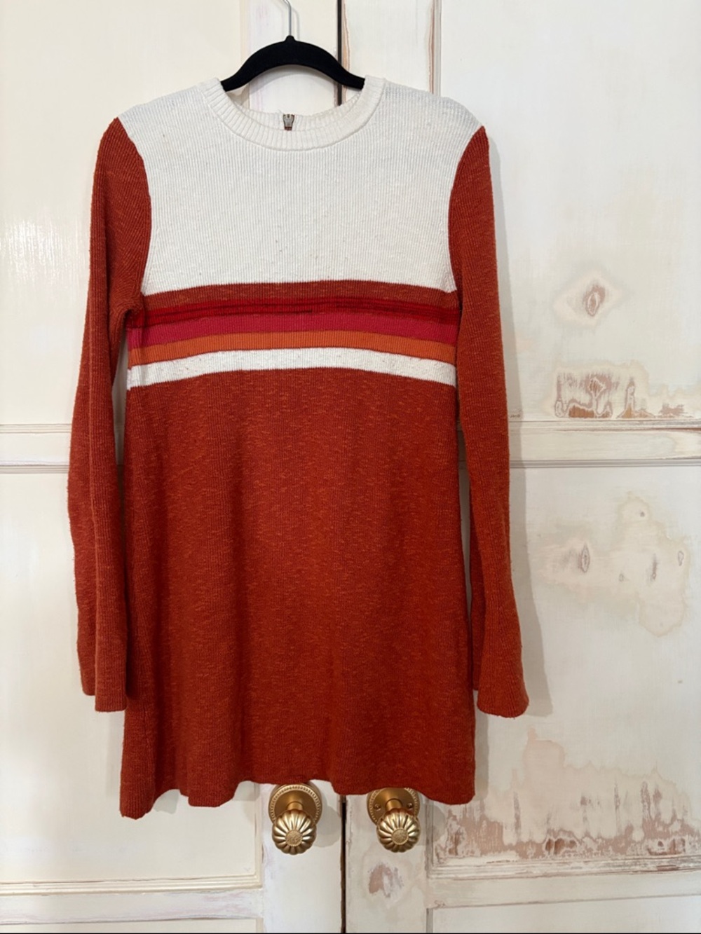 Free People Rust Orange Sweater Mini Dress with Cream and Pink Stripes